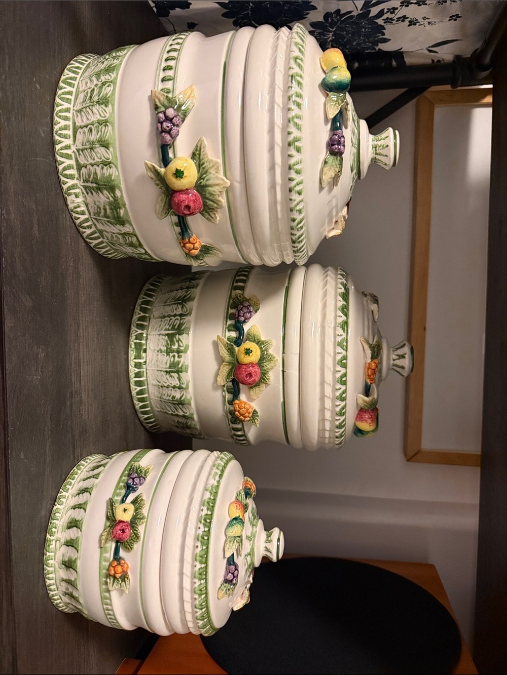 Ceramic Fruit Motif Canister Set - White & Green. Vintage. Set of 3